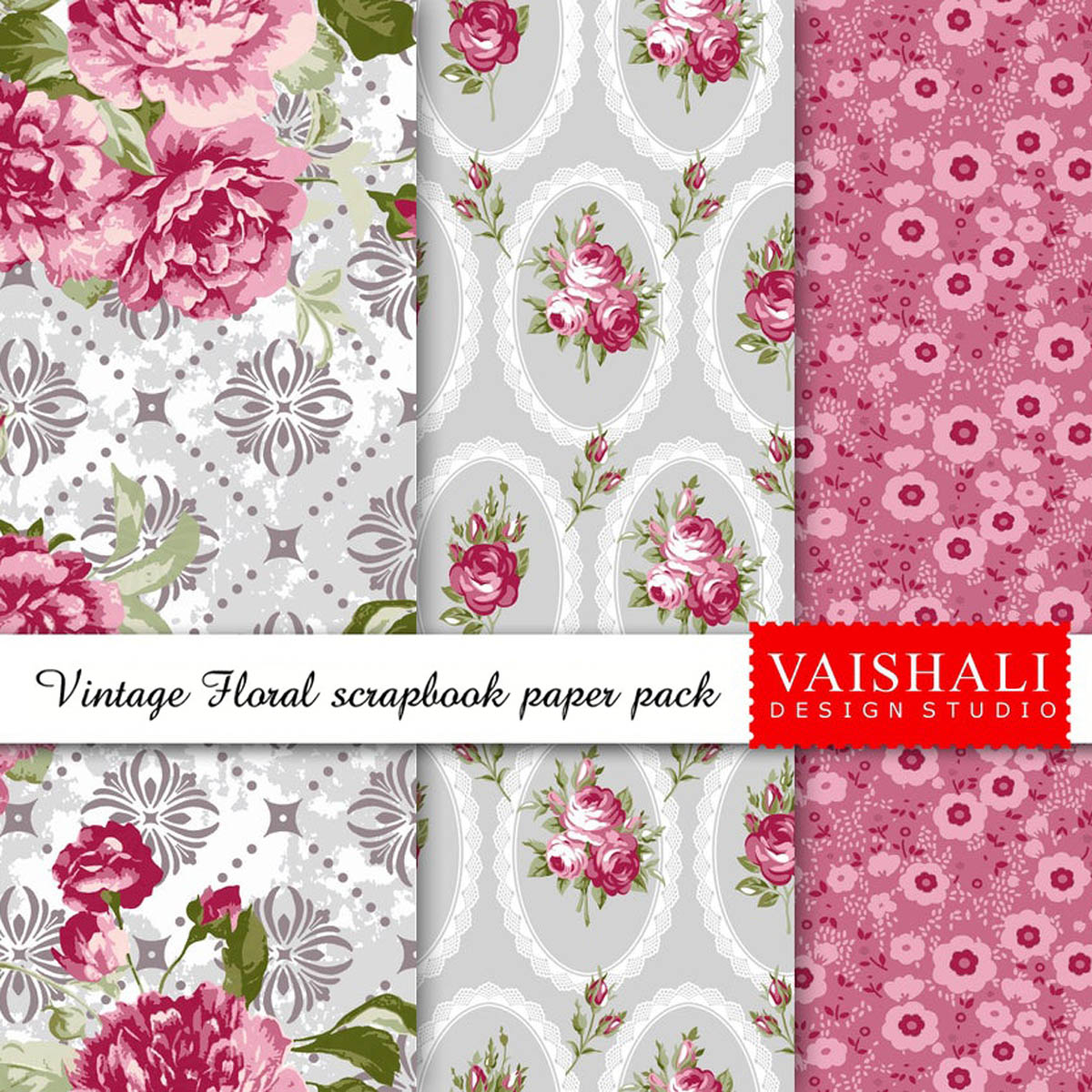Shabby chic prints,grays with red, seamless pattern, 3 sheets, digital print downloads