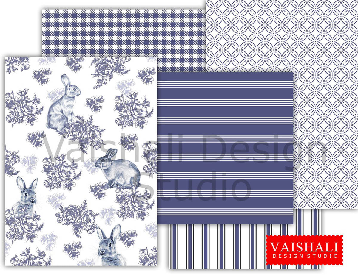 EASTER print, indigo vintage look, floral, gingham,stripe.5 sheets, digital print downloads