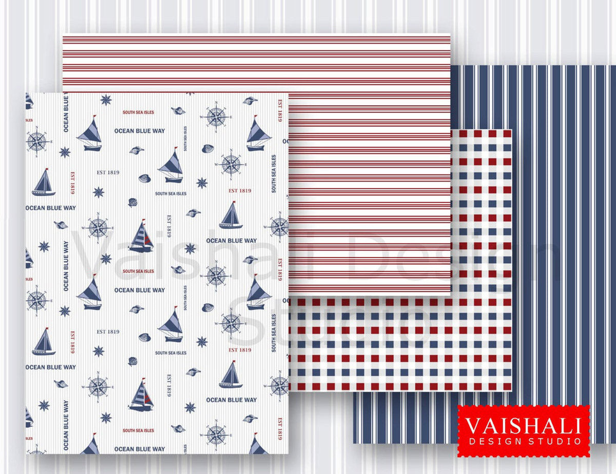 Nautical coordinated prints set, blue and red colour, seamless pattern, 5 sheets, digital prints