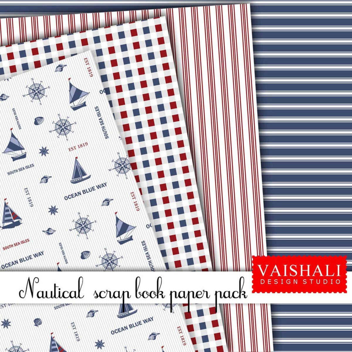 Nautical coordinated prints set, blue and red colour, seamless pattern, 5 sheets, digital prints