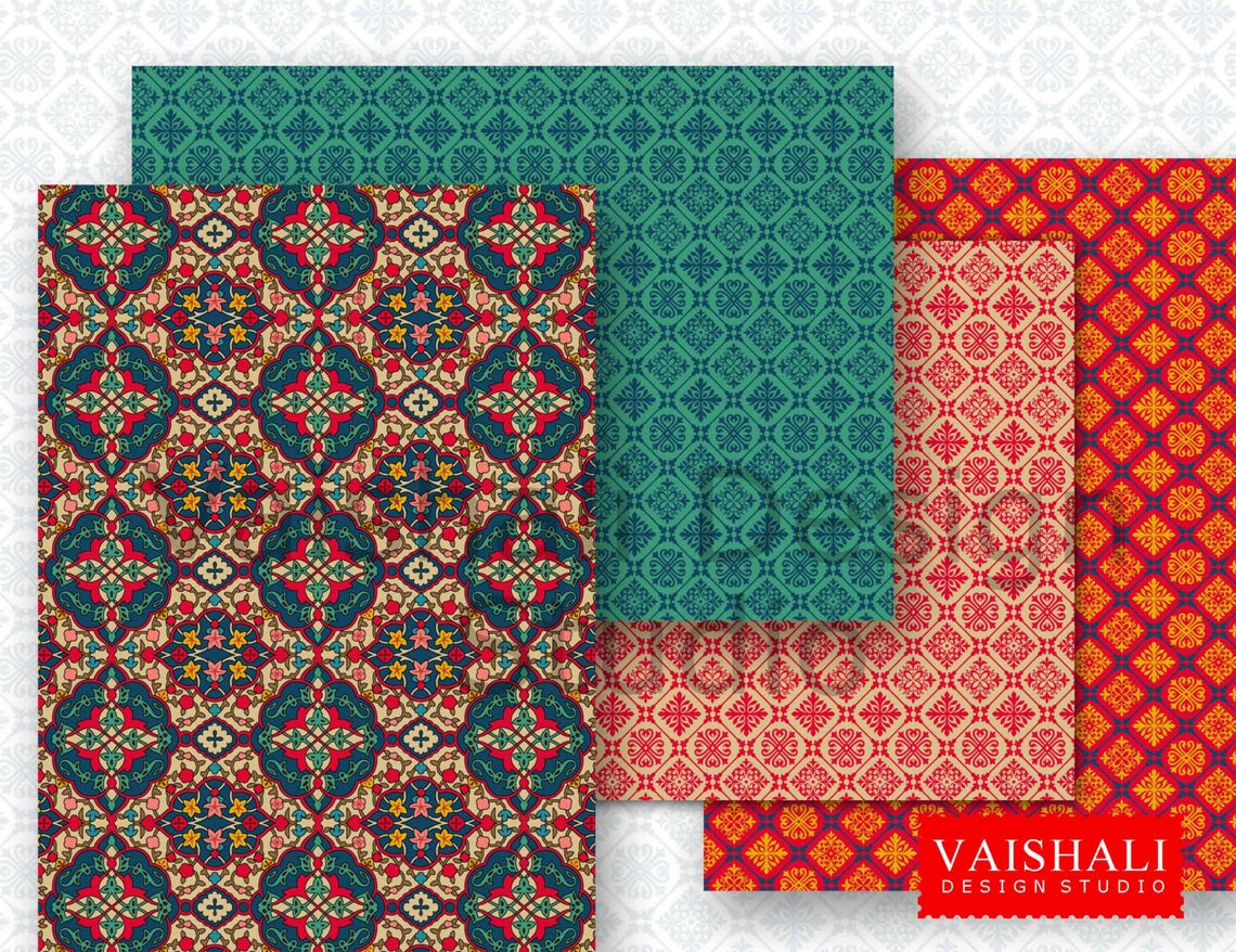 Persian pattern, coordinated prints, rich jewel tone colours, 4 sheets, digital prints