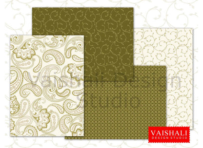 Paisley and Swirl patterns, shades of green, seamless pattern, 4 sheets, digital prints