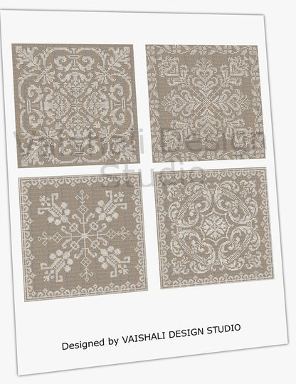 Cross stitch,jute base texture, printable coasters, set of 4 designs, 3.8"x3.8"