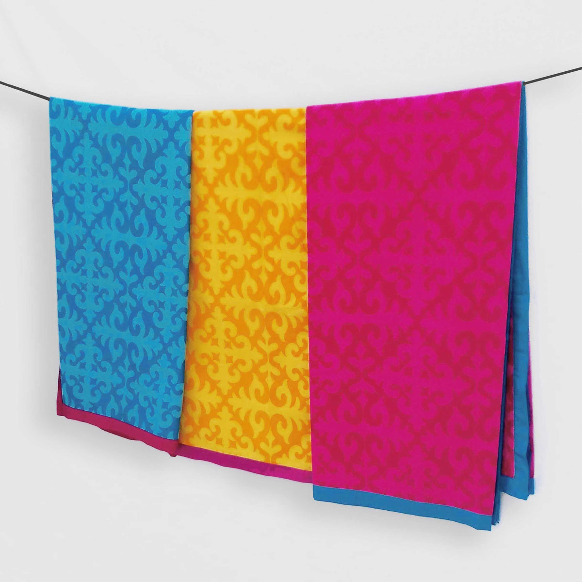 Shyrdak Turquoise Cotton Tablecloth – Tone-on-Tone Scroll Print with Hot Pink Border | 2 Sizes