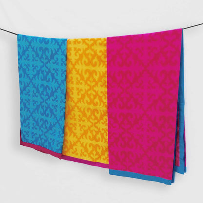 Shyrdak Turquoise Cotton Tablecloth – Tone-on-Tone Scroll Print with Hot Pink Border | 2 Sizes