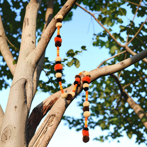 Pompom Garland – Orange Beige & Black | Handmade Halloween & Fall Decor