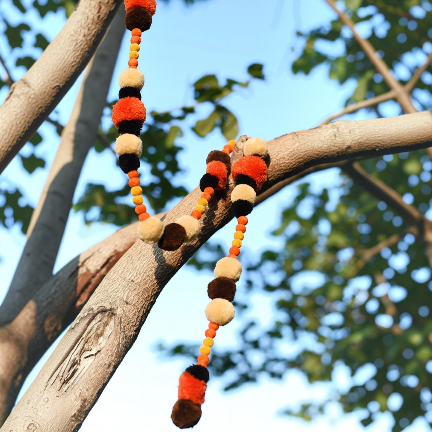 Pompom Garland – Orange Beige & Black | Handmade Halloween & Fall Decor