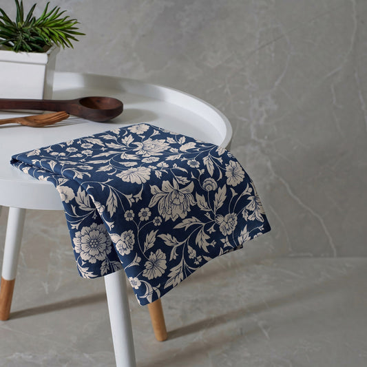 Kalamkari Indigo Cotton Kitchen Towel – Floral Print on Off-White | Set of 2 or 4 | 20×28"