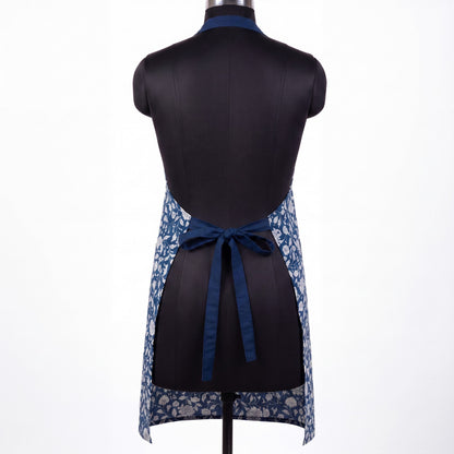 Kalamkari Indigo Cotton Kitchen Apron – White Floral Print | Full Apron | 27×35"