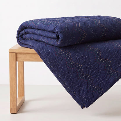 Indigo Kantha Quilted Bed Set | Chevron Pattern | Handmade | Twin, Queen & King