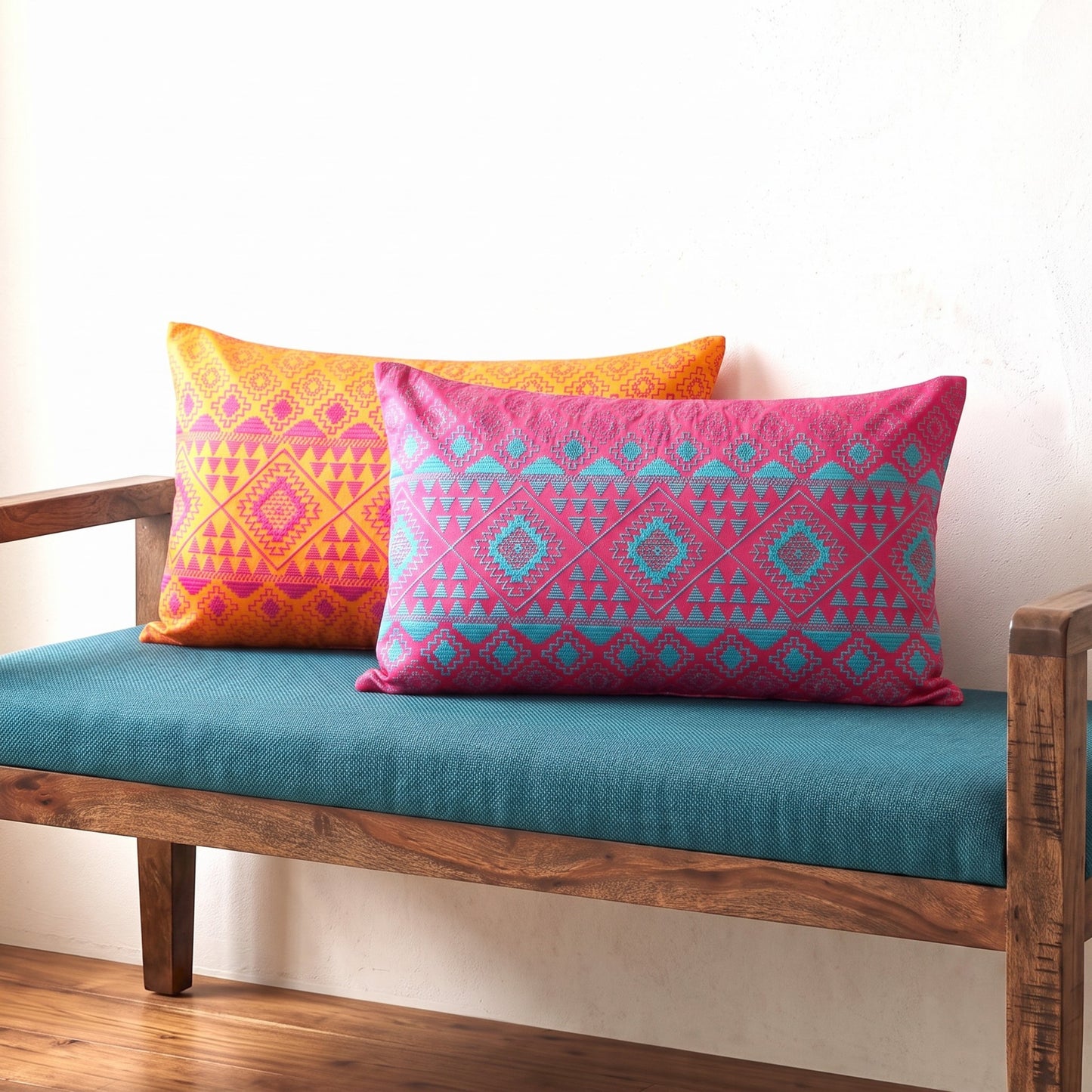 Kilim Pattern Embroidered Cushion Cover – Hot Pink & Turquoise