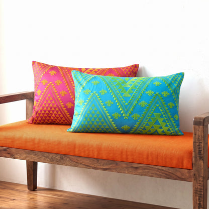 Kilim Pattern Embroidered Cushion Cover – Turquoise & Lime Green