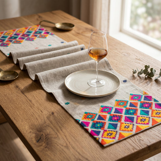 Folk Kilim Table Runner – Diamond | Pure Linen Embroidery