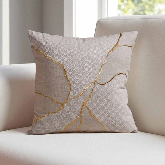 KINTSUGI Embroidered Linen Pillow Cover – 18x18 Inch, Gold & White Embroidery, Big Mend