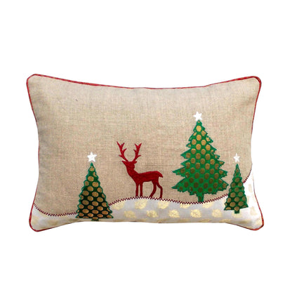 Christmas tree with reindeer cushion cover, linen fabric pillow cover - Vliving