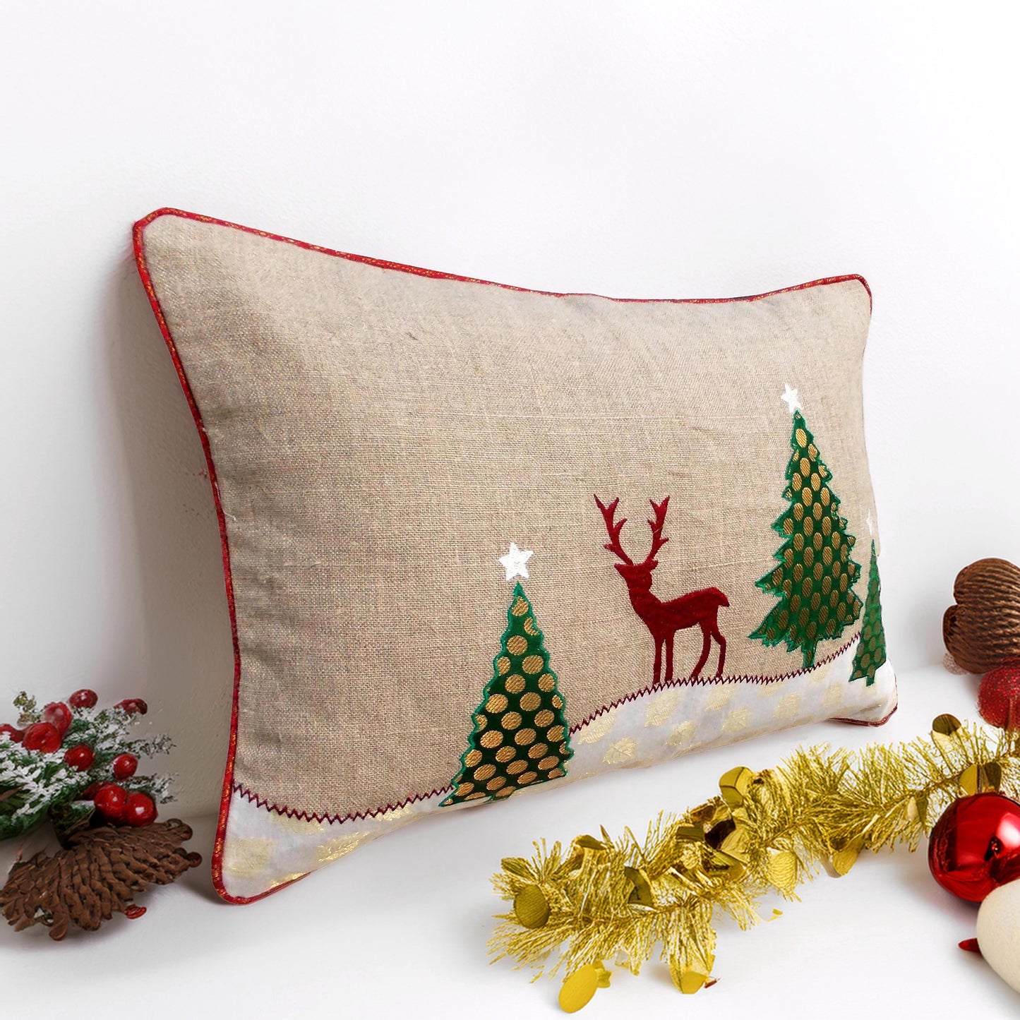 Christmas tree with reindeer cushion cover, linen fabric pillow cover - Vliving