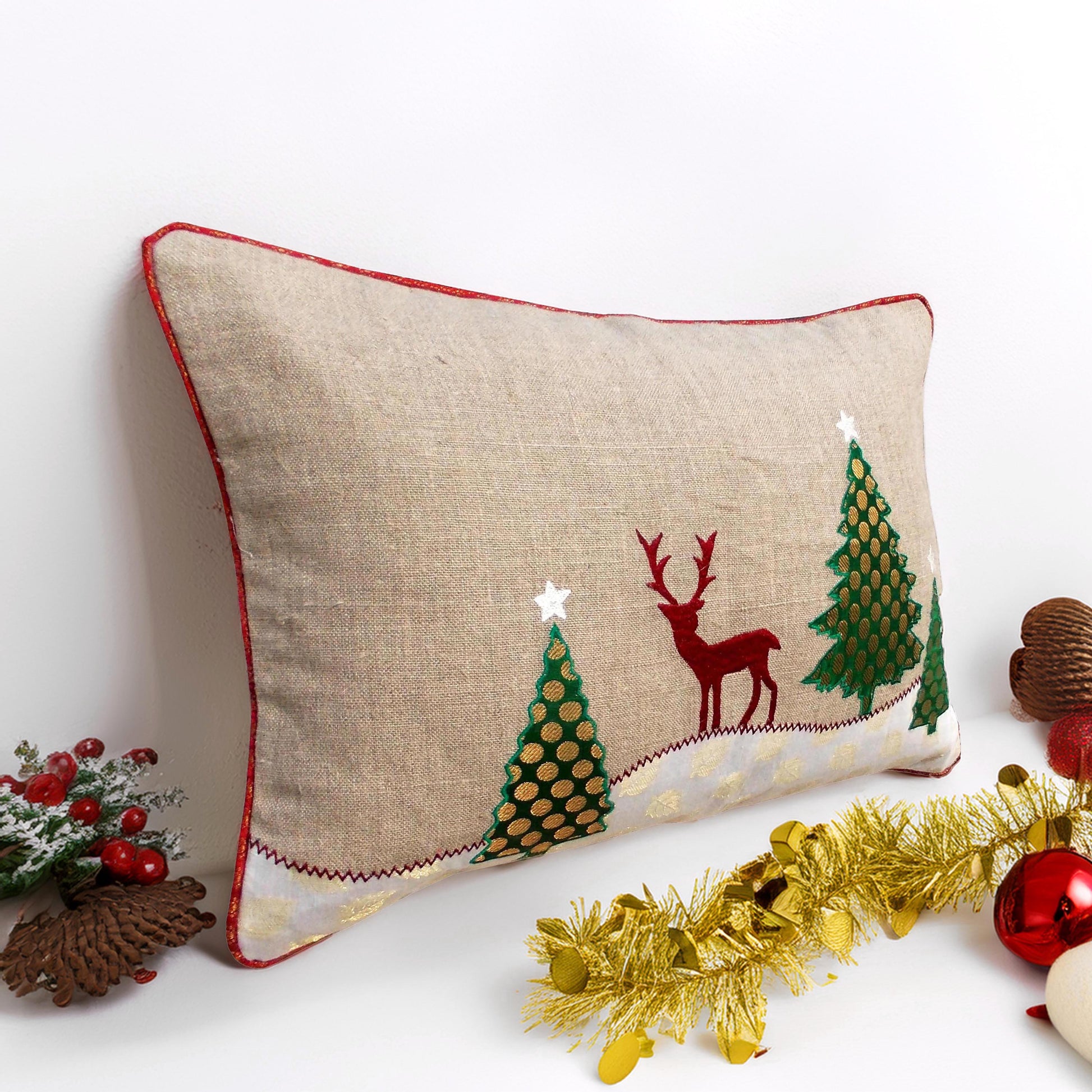 Christmas tree with reindeer cushion cover, linen fabric pillow cover - Vliving