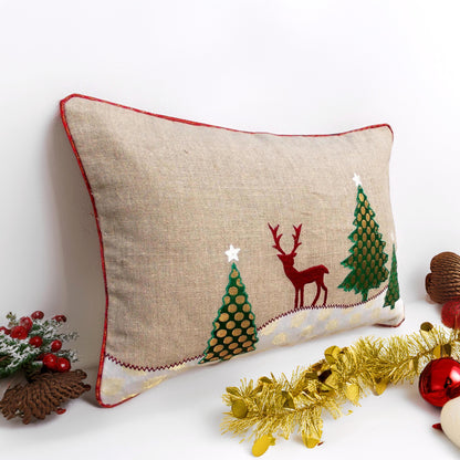 Christmas tree with reindeer cushion cover, linen fabric pillow cover - Vliving