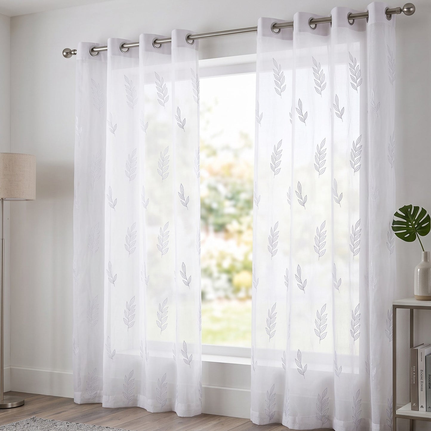 White Organdy Curtain Panel | Leaf Embroidery & Applique | 4 Hanging Styles | 52 × 63 & 52 × 84 inches - Vliving