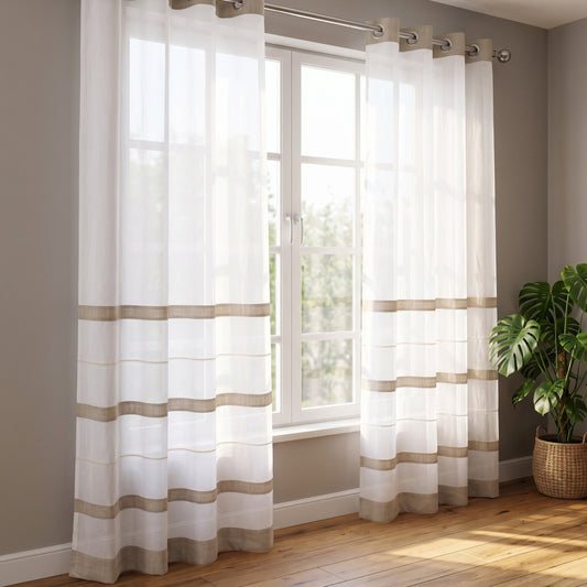 Linen & Organdy Curtain Panel | Linen Bands & Beading Lace | 4 Hanging Styles | 52 × 63 & 52 × 84 inches