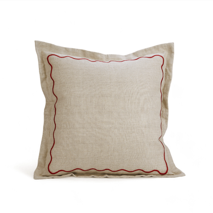 Christmas flanged linen pillow cover with wave embroidery on the flange, sizes available