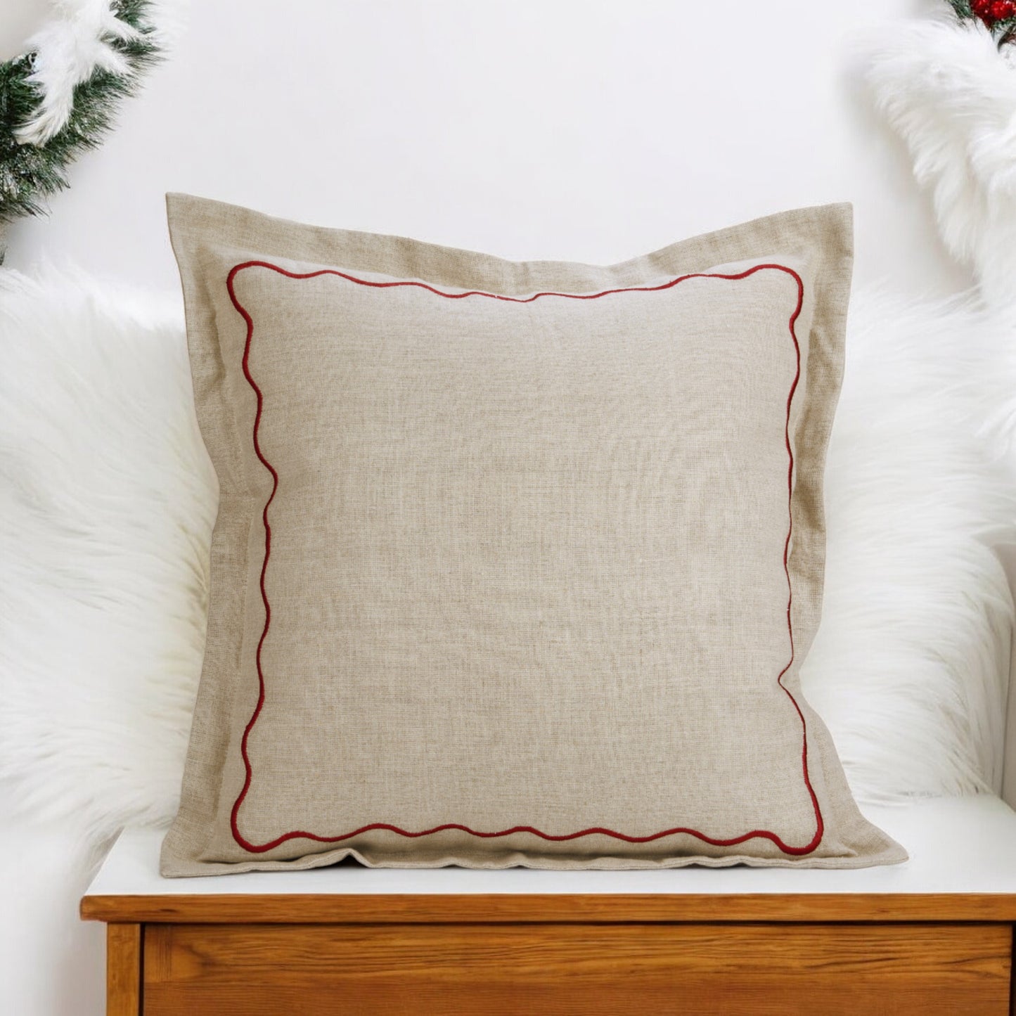 Christmas flanged linen pillow cover with wave embroidery on the flange, sizes available