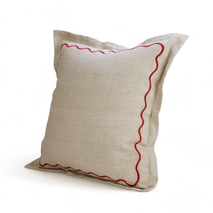 Christmas flanged linen pillow cover with wave embroidery on the flange, sizes available