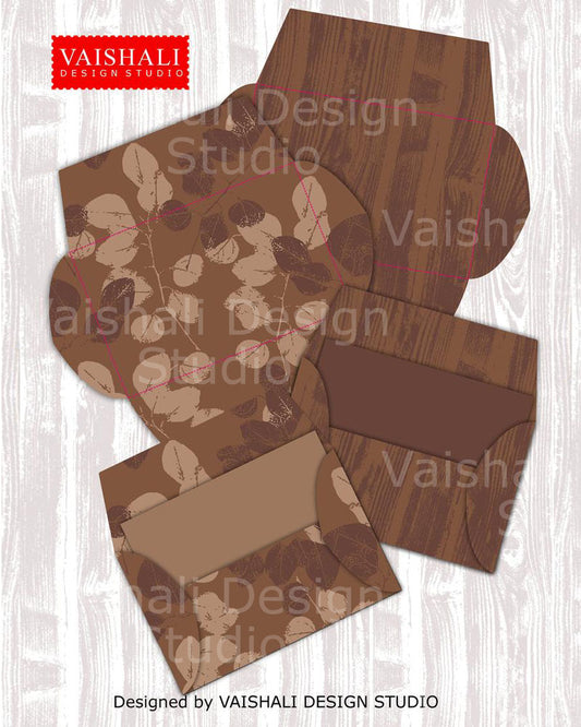 Envelope printables, wood texture and leaf pattern, template size 5.7"X3.7"