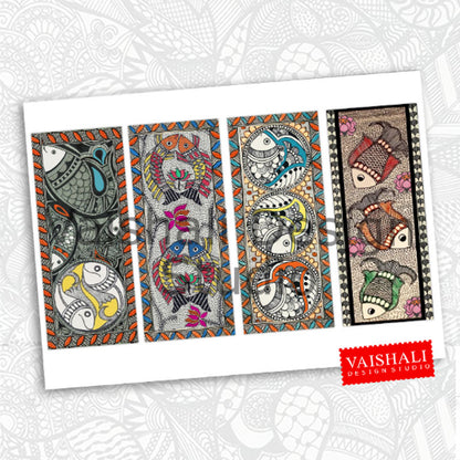 Bookmarks, Madhubani art, fish motif, digital downloads, 2.5"X 6"