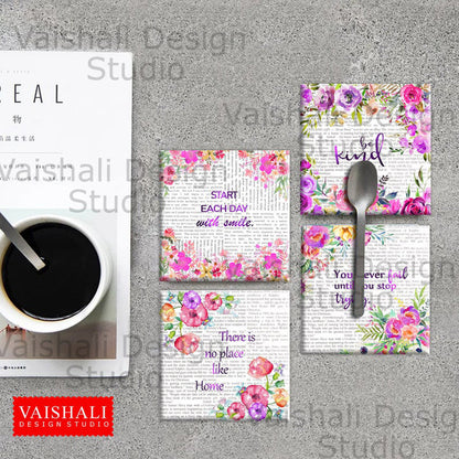 Watercolour florals with quotes, printable coasters, set of 4 designs, 3.8"X3.8"