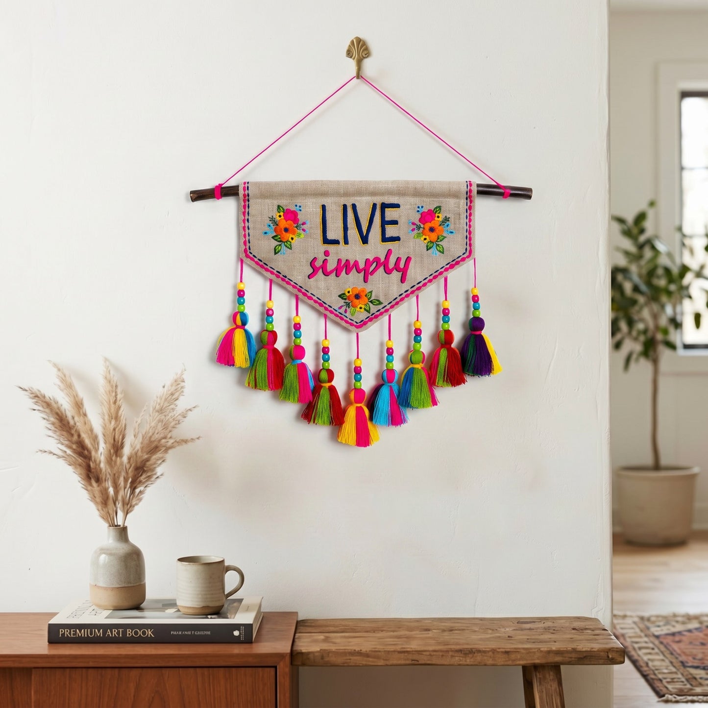 Triangular Embroidered Linen Quotation Wall Art with Multicolour Tassels