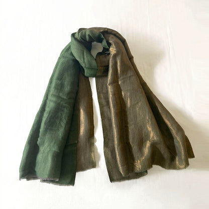 Green and gold fine wool and zari scarf, reversible stole