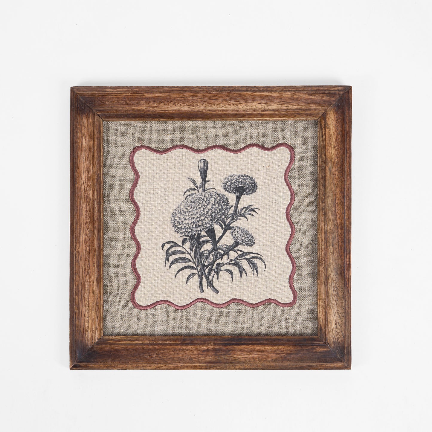 BOTANICAL wall art, Marigold motif with wooden frame, 12X12 inches