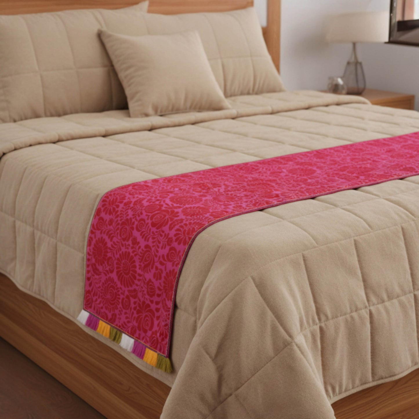 MATYO - Hot Pink Colour Bed Runner Set in Printed Cotton with Fringe - King / Queen / Twin Size - Vliving