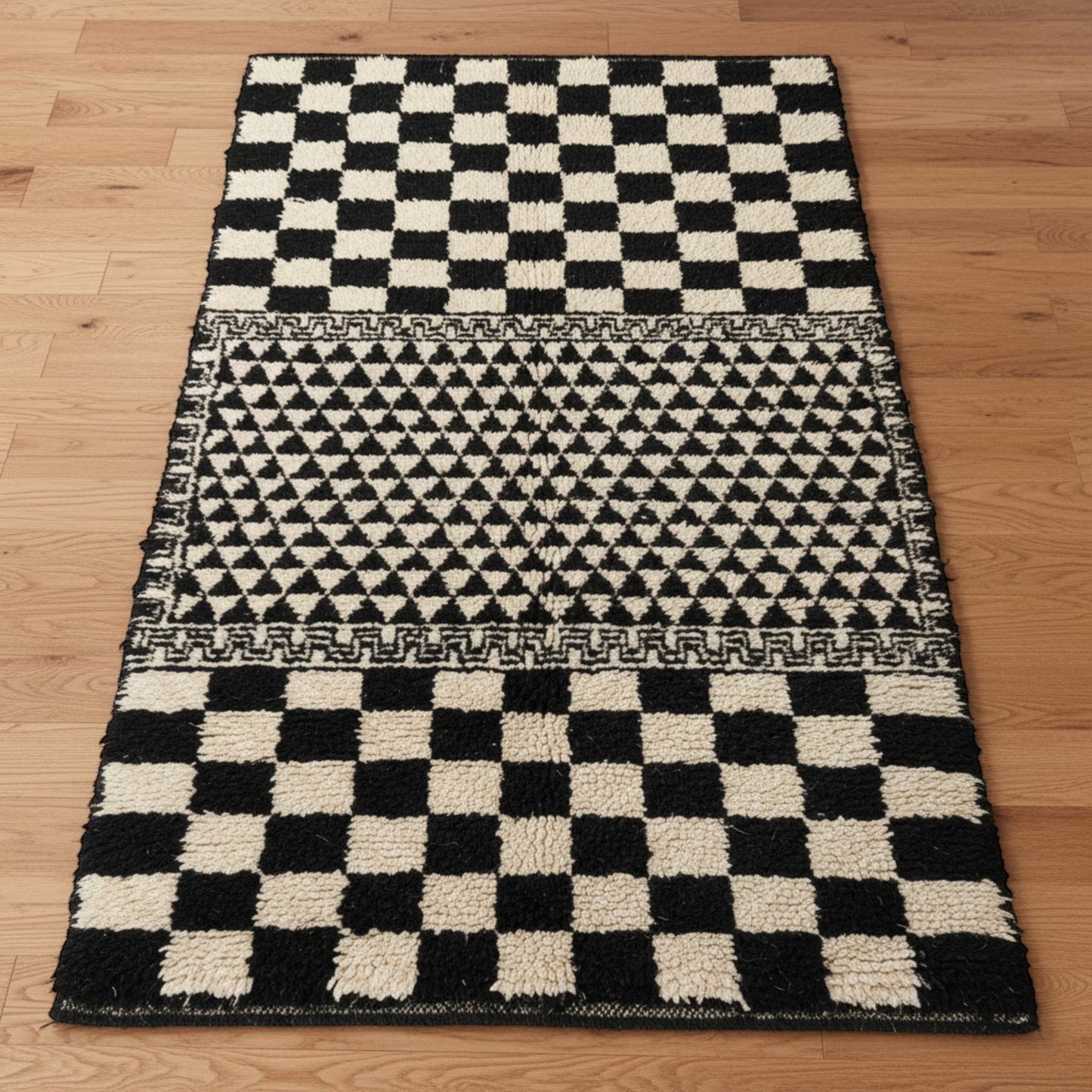 Moroccan Hand Knotted Wool Blend Carpet - Black and white - Vliving