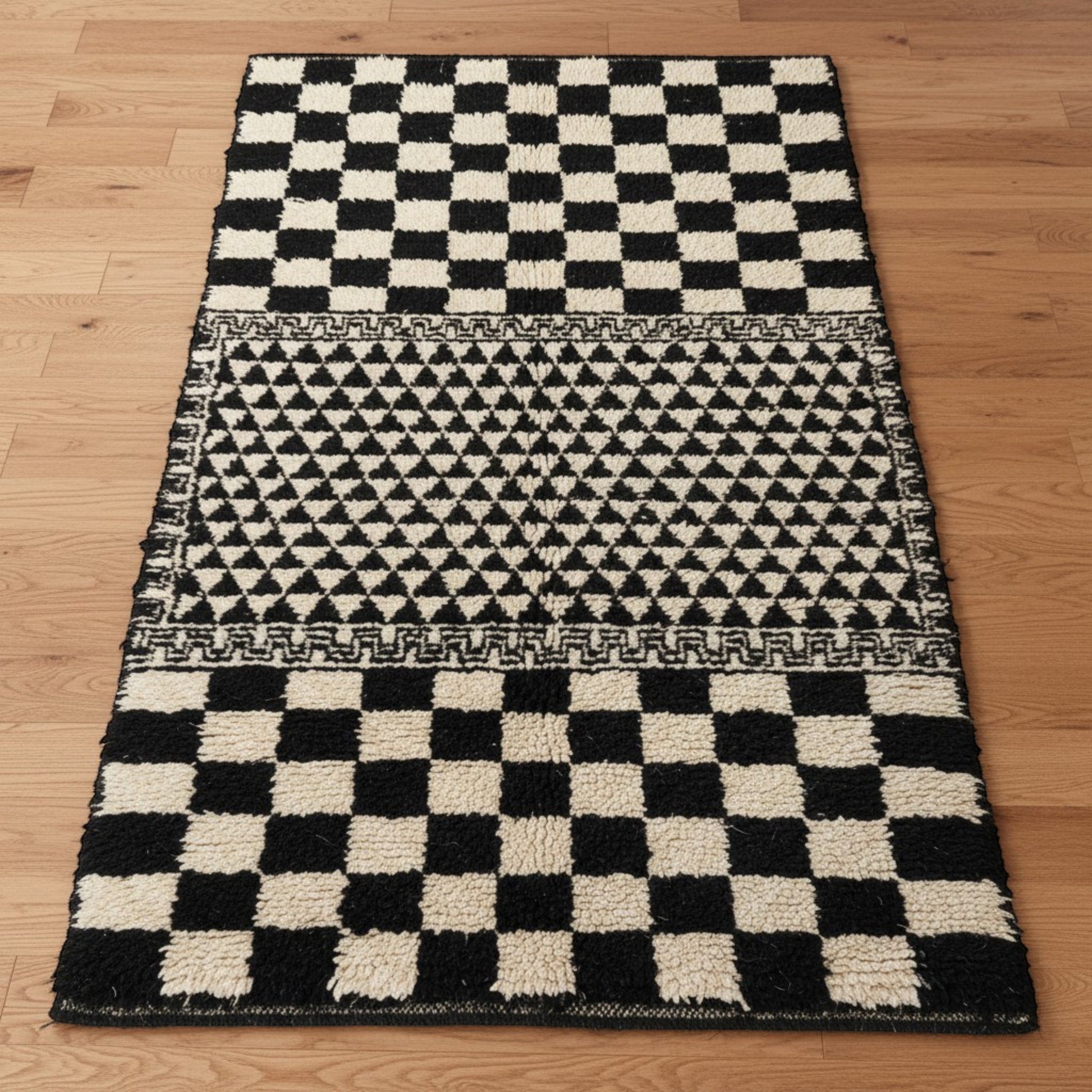 Moroccan Hand Knotted Wool Blend Carpet - Black and white - Vliving