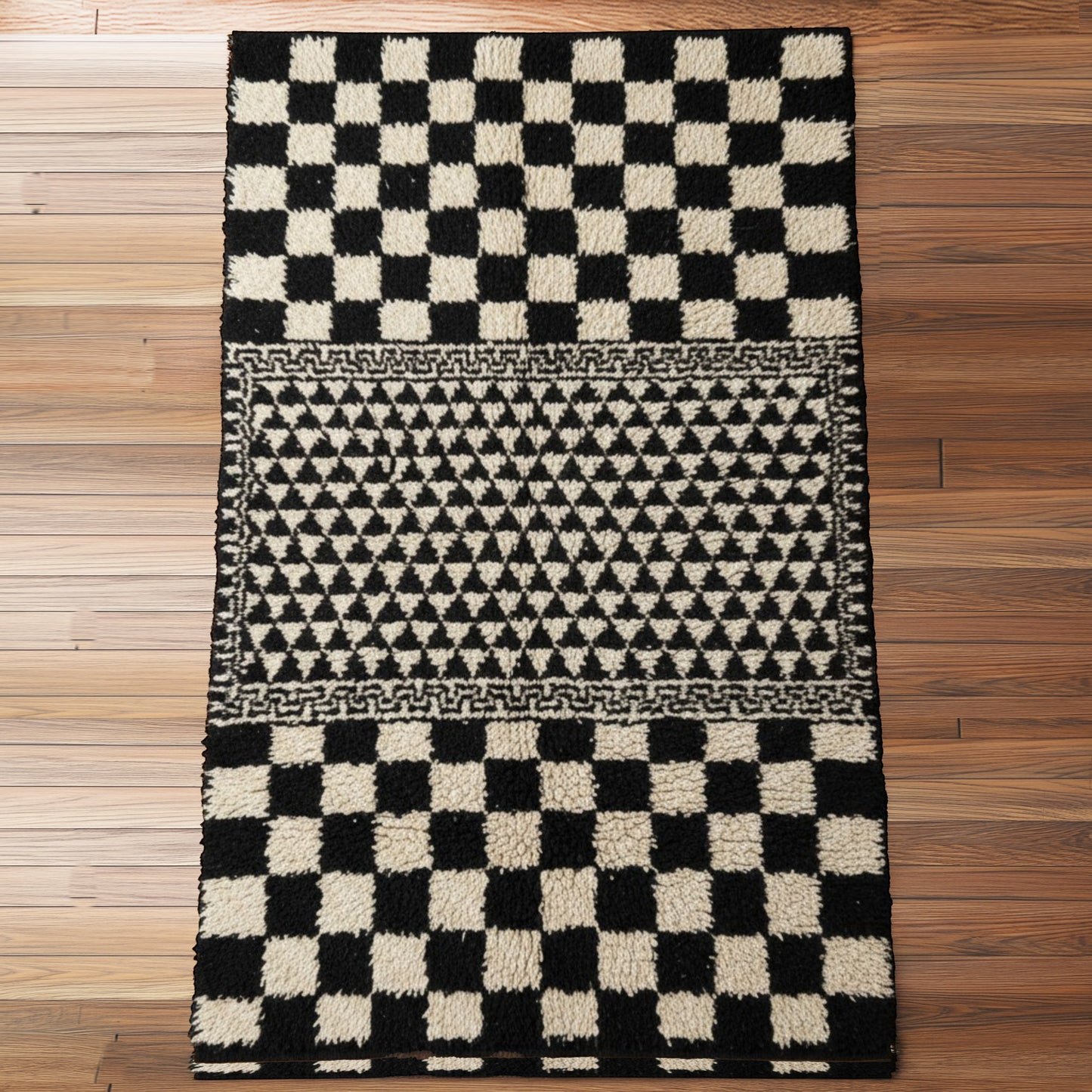 Moroccan Hand Knotted Wool Blend Carpet - Black and white - Vliving