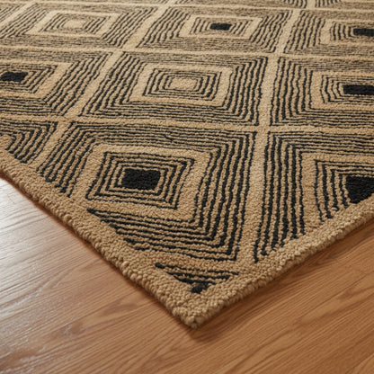 Moroccan Hand Tufted Wool Blend Carpet - Beige & Black Diamonds - Vliving