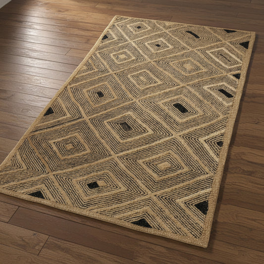Moroccan Hand Tufted Wool Blend Carpet - Beige & Black Diamonds