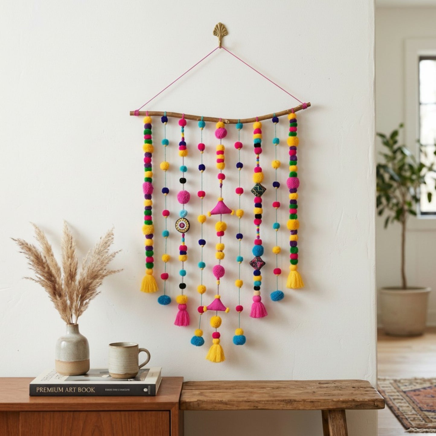 Multicolour Tassel & Pompom Garland Wall Hanging | Handmade Boho Wall Art | Driftwood - Vliving