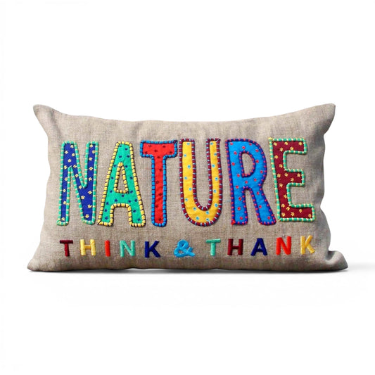 Pillow Talk NATURE Linen Cushion Cover – Rajasthani Applique & Embroidery | 12×20" - Vliving