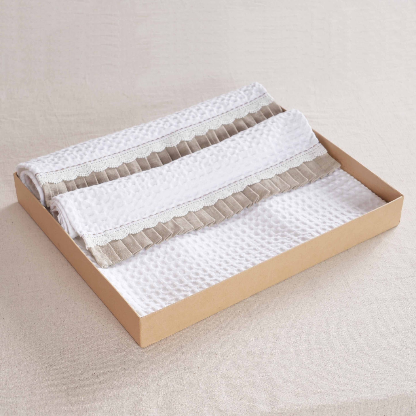 GIFT PACK - Luxury Organic Cotton Waffle Towel Set – 3 Piece | Gathered Linen & Lace Trim