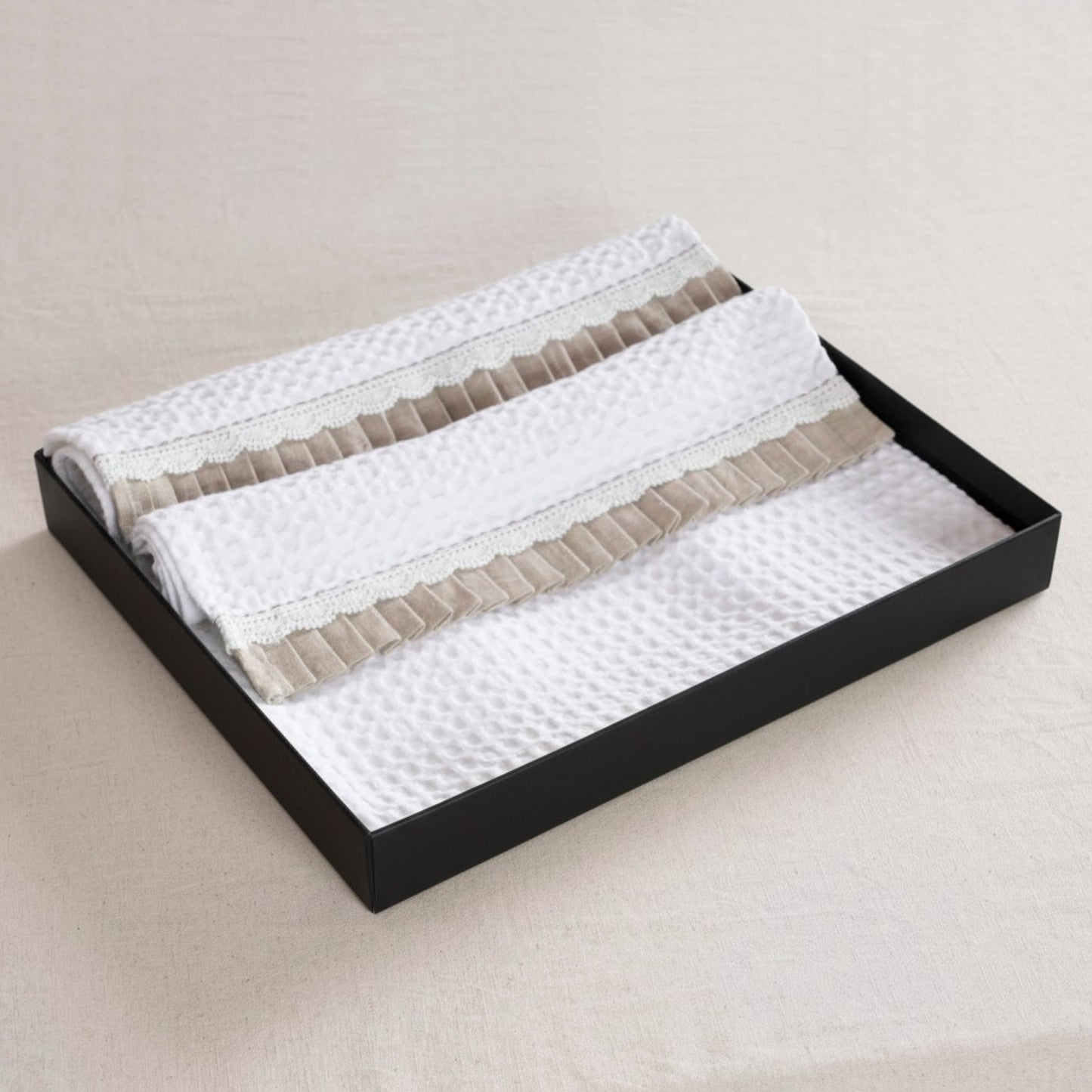 GIFT PACK - Luxury Organic Cotton Waffle Towel Set – 3 Piece | Gathered Linen & Lace Trim - Vliving