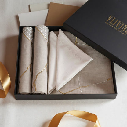 KINTSUGI Table Linen GIFT PACK - Linen and Cotton with Gold Zari and White Silk Embroidery - Vliving
