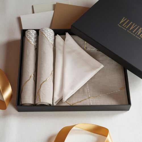 KINTSUGI Table Linen GIFT PACK - Linen and Cotton with Gold Zari and White Silk Embroidery