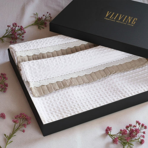GIFT PACK - Luxury Organic Cotton Waffle Towel Set – 3 Piece | Gathered Linen & Lace Trim