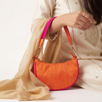 Crescent Half Moon Silk Party Purse | Tangerine & Hot Pink | Pure Silk Dupion