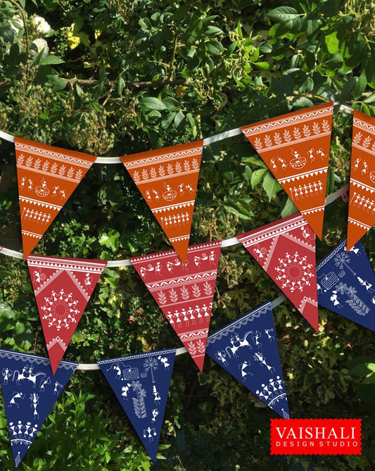 Printable trianglular buntings, warli art, 7.5"X5.5"
