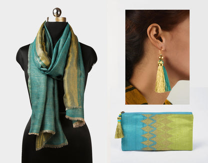 3 PC GIFT PACK - fine wool &amp; zari stole with silk embroidered clutch and twin threader earrings