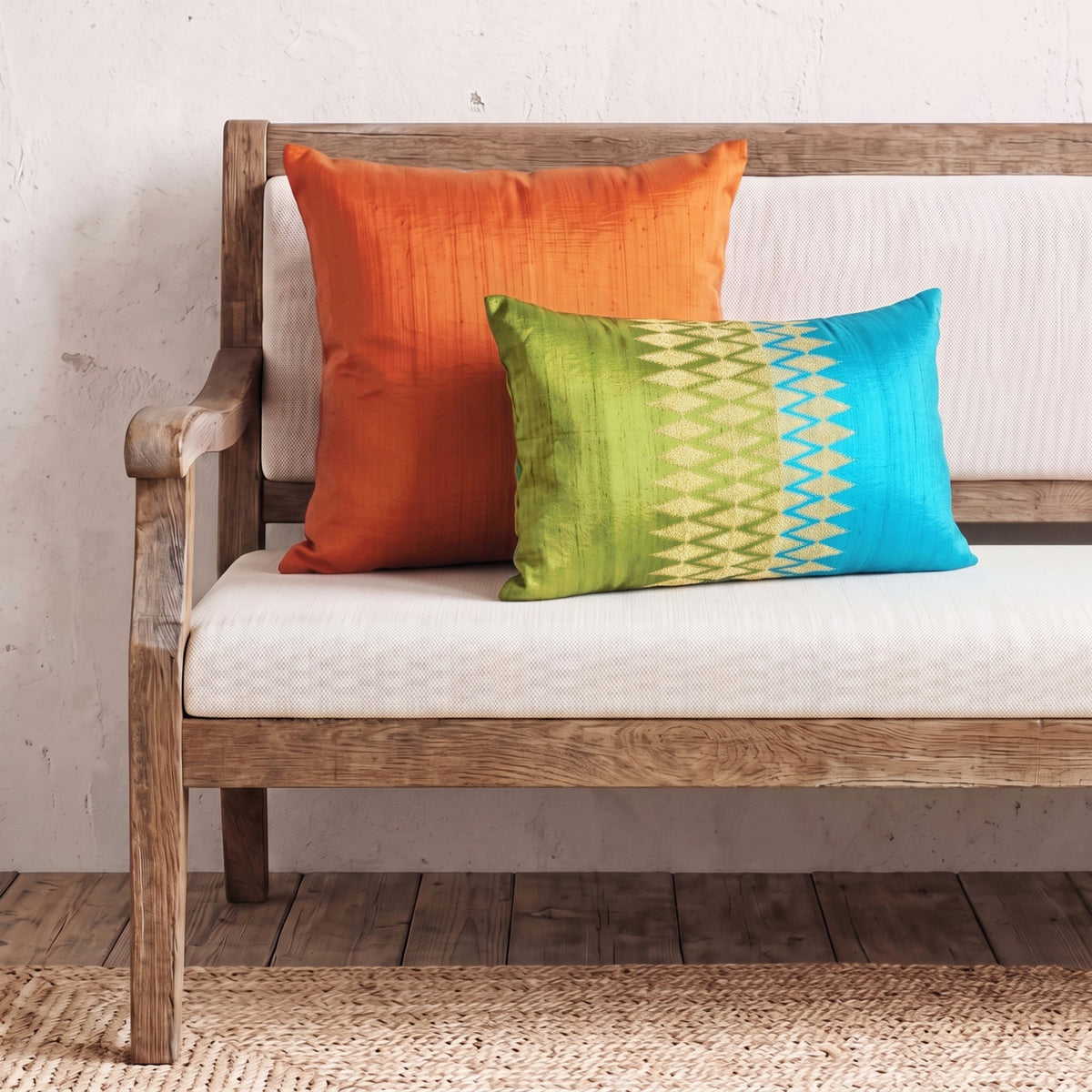 Ikat Silk Dupion Cushion Cover – Turquoise & Lime Green Colour Block with Gold Zari Embroidery | 4 Sizes